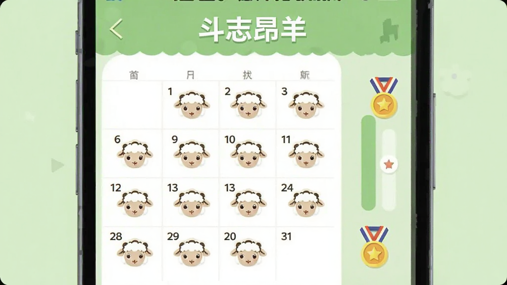 手机屏幕显示日历打卡界面,每格日期上有小羊头像标记,右侧有进度条和奖章,背景为浅绿色,构图简洁,扁平插画风格,文字“斗志昂羊”出现在顶部,画面干净,高清画质