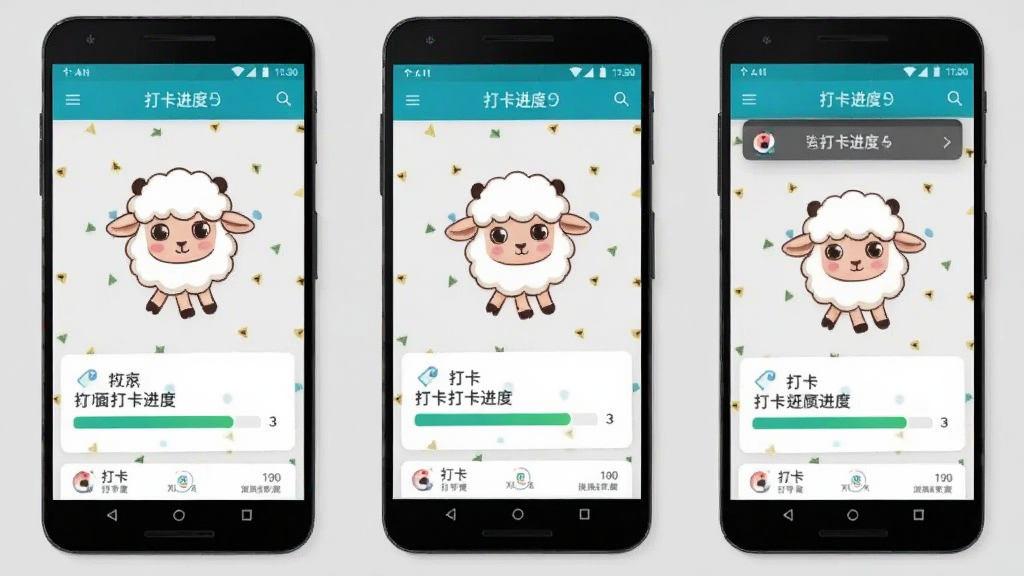 多台不同尺寸的安卓手机并排展示同一款应用界面,界面内容为卡通小羊与打卡进度条,背景为浅灰色,排版整齐,风格为产品展示插画,细节清晰,画质干净