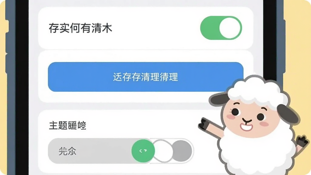 手机屏幕显示应用设置界面,包含权限开关、缓存清理按钮与主题切换选项,旁边有一只小羊卡通形象指向设置项,背景为浅黄色,扁平插画风格,排版清晰,画质干净