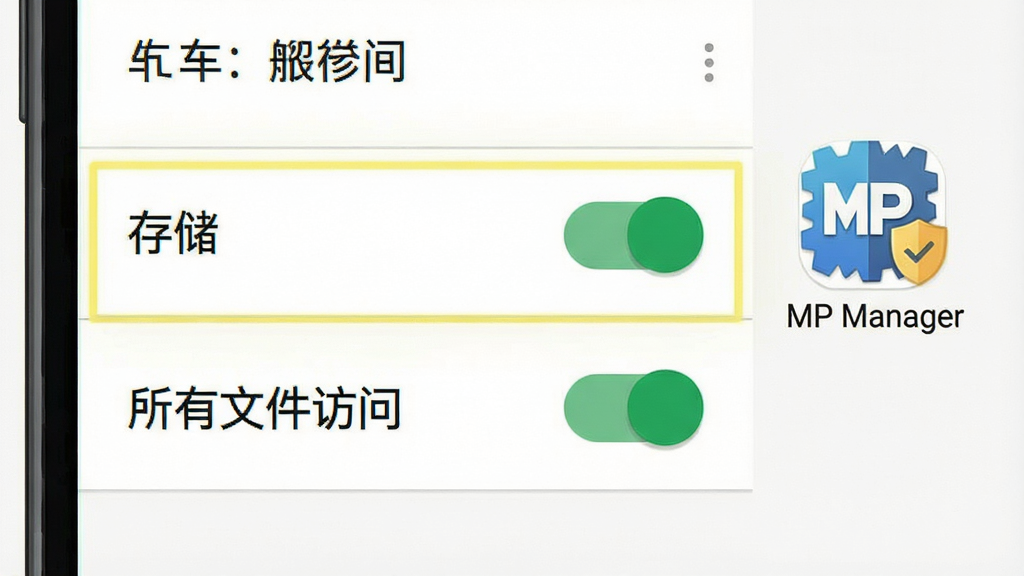 一张展示手机权限设置界面的插画,画面为安卓系统设置页面特写,高亮显示“存储”和“所有文件访问”权限开关,旁边有“MP Manager”应用图标和盾牌安全标识,风格为简洁说明性插画,细节包括绿色开启状态按钮、清晰的文字标签,画质清晰,画面干净,无多余元素