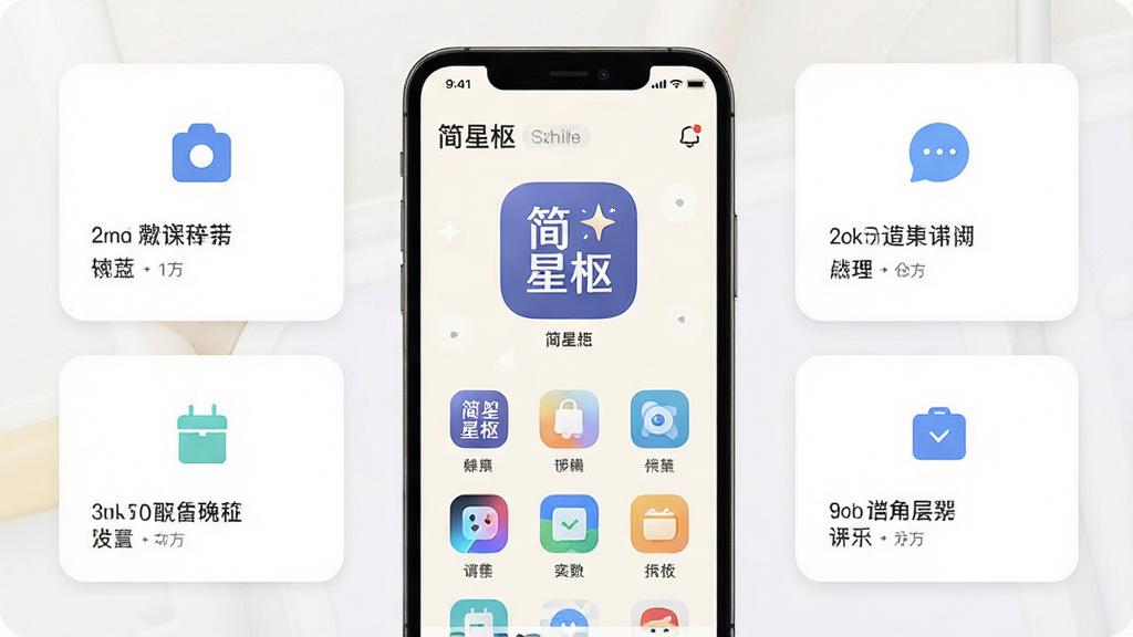 手机屏幕中央展示“简星枢”应用主界面,浅色背景,图标排列整齐,周围环绕简洁的功能卡片,整体布局清晰,扁平化设计风格,细节干净利落,画质清晰,无多余元素
