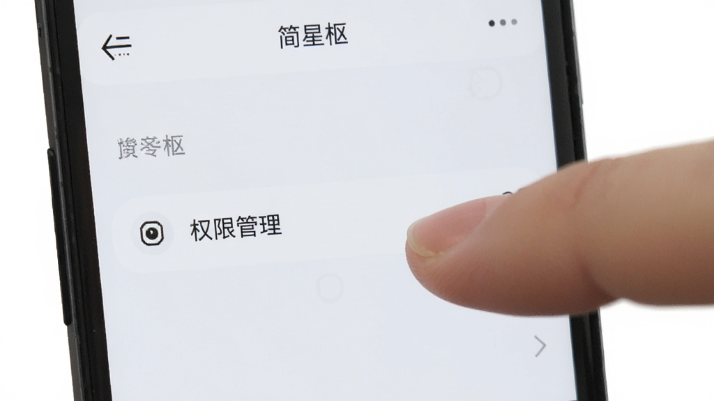 手机屏幕显示“简星枢”设置页面,手指正在点击权限管理选项,界面简洁,浅色主题,产品展示风格,画质清晰,无多余元素