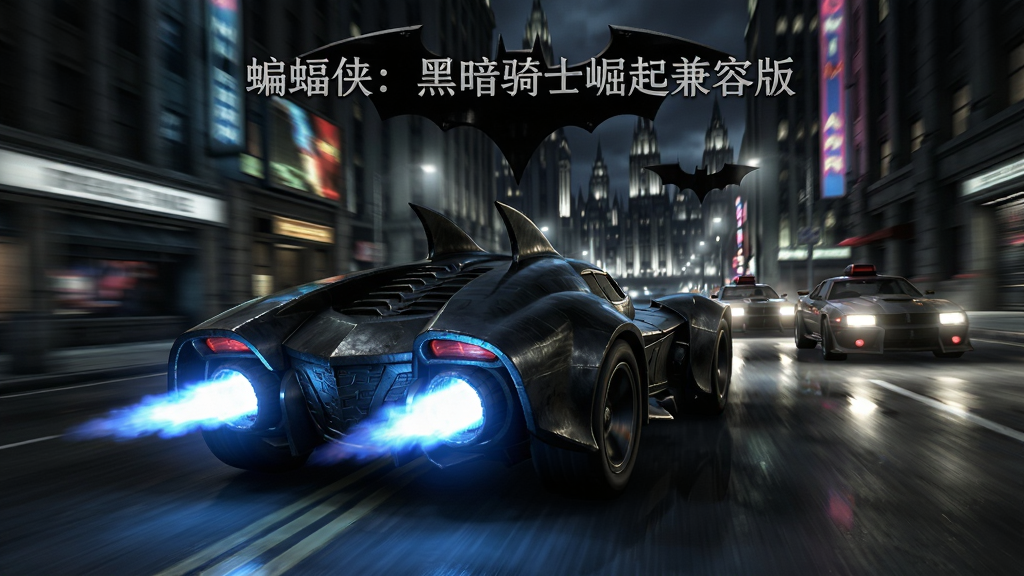 画面主体为一辆黑色装甲蝙蝠车在哥谭市夜色街道上高速疾驰,车尾喷射蓝色火焰,后方有敌方车辆追击,两侧高楼霓虹灯牌向后拉伸形成速度感,布局采用低角度追拍视角,上方居中书写“蝙蝠侠:黑暗骑士崛起兼容版”艺术字,风格为写实竞速游戏宣传图,细节表现车身金属质感与路面水渍反光,画质高清,画面干净无多余杂物