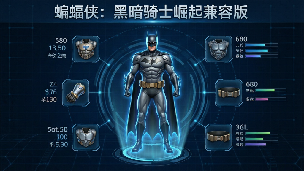 画面展示手机游戏装备升级界面风格,中央为蝙蝠侠战衣全息投影模型,四周环绕着护甲、护腕、腰带等装备图标与属性数值条,背景为深蓝色科技感网格,布局采用放射状环绕构图,顶部横排书写“蝙蝠侠:黑暗骑士崛起兼容版”字样,风格为科幻UI概念图,细节表现全息投影的光晕与图标立体感,画质清晰,画面干净整洁