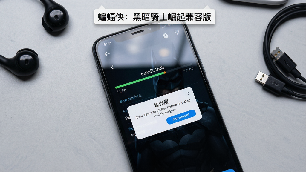 画面展示一部智能手机平放在桌面上,屏幕中显示游戏安装进度条与权限授权弹窗界面,手机旁边摆放着耳机与充电线,背景为简洁的浅灰色桌面,布局采用俯拍视角居中构图,屏幕上方悬浮书写“蝙蝠侠:黑暗骑士崛起兼容版”小字标签,风格为数码产品实拍图,细节表现屏幕玻璃反光与桌面纹理,画质清晰,画面干净无杂乱物品