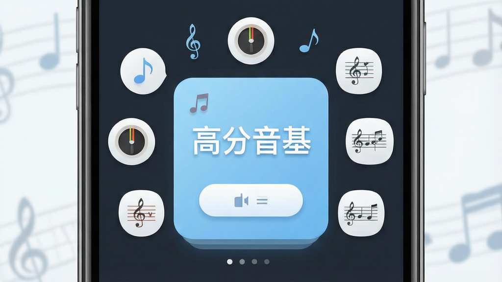 一张手机屏幕展示音乐学习类应用主界面,画面中央是浅蓝色调的练习入口卡片,上方标注