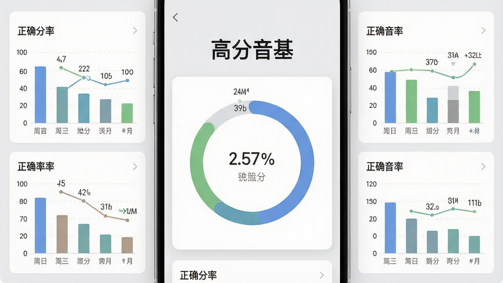 一张手机应用成绩分析页面风格图片,画面中央为环形得分图表,周围分布各模块正确率条形图,顶部标注