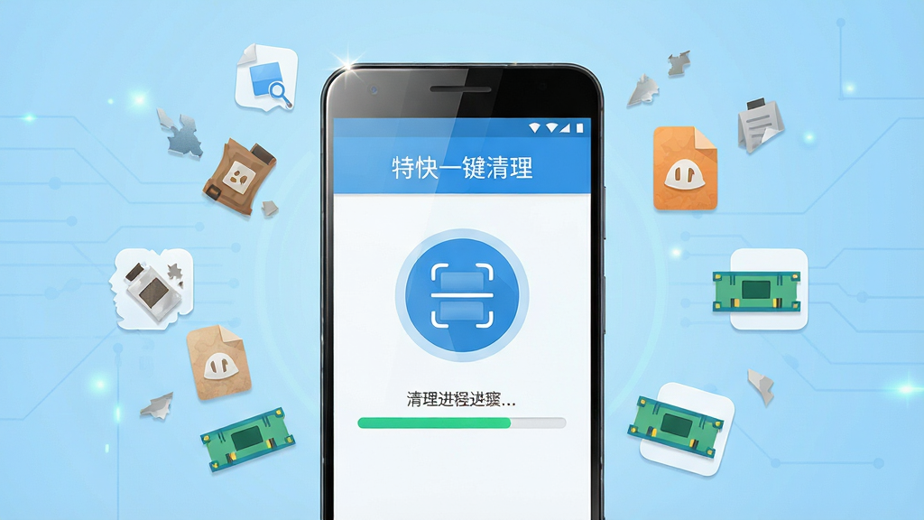 画面中央放置一部安卓智能手机,手机屏幕显示“特快一键清理”应用主界面,界面中有圆形扫描按钮和清理进度条,手机周围环绕漂浮的缓存碎片图标、垃圾文件图标和内存条图标,背景为浅蓝色渐变科技风格,布局采用居中对称构图,排版简洁清晰,风格为扁平化现代UI插画,细节包括手机边缘的高光反射和图标上的细微纹理,画质高清,干净,无多余元素