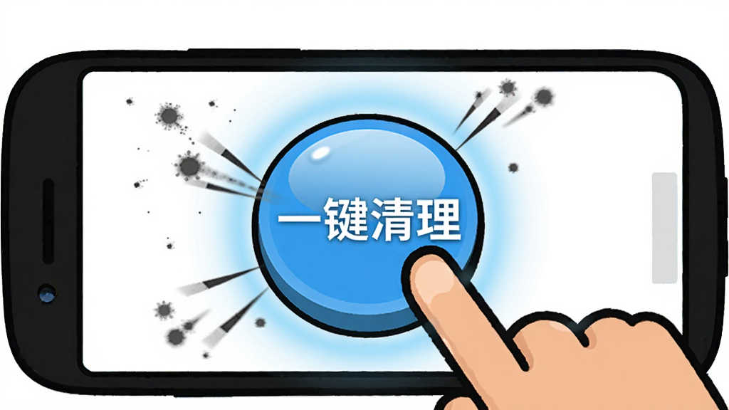 画面展示一只卡通风格的手点击手机屏幕上的大圆形“一键清理”按钮,按钮发出蓝色光晕,手机屏幕周围有细小的灰尘颗粒被吸入按钮的视觉效果,背景为纯白色,布局为手机居中、按钮放大突出,风格为扁平化卡通插画,细节包括按钮上的光泽和吸入颗粒的动感线条,画质清晰,干净,无多余元素