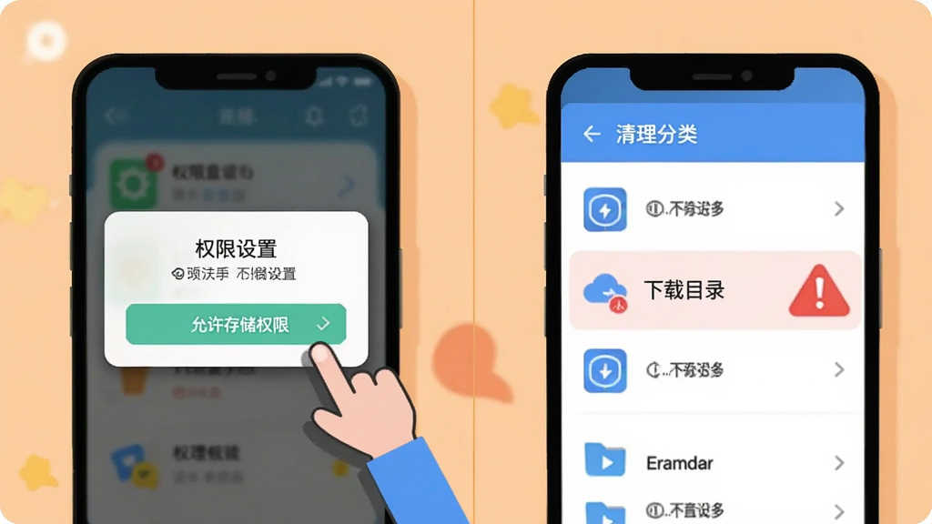 画面展示一部手机屏幕弹出权限设置对话框,旁边有卡通人物用手指向“允许存储权限”选项,另一侧展示清理分类列表中有“下载目录”被标记为红色警示图标,背景为浅橙色,布局为左右分栏对比,风格为扁平化提示插画,细节包括对话框的阴影和警示图标的醒目效果,画质清晰,干净,无多余元素