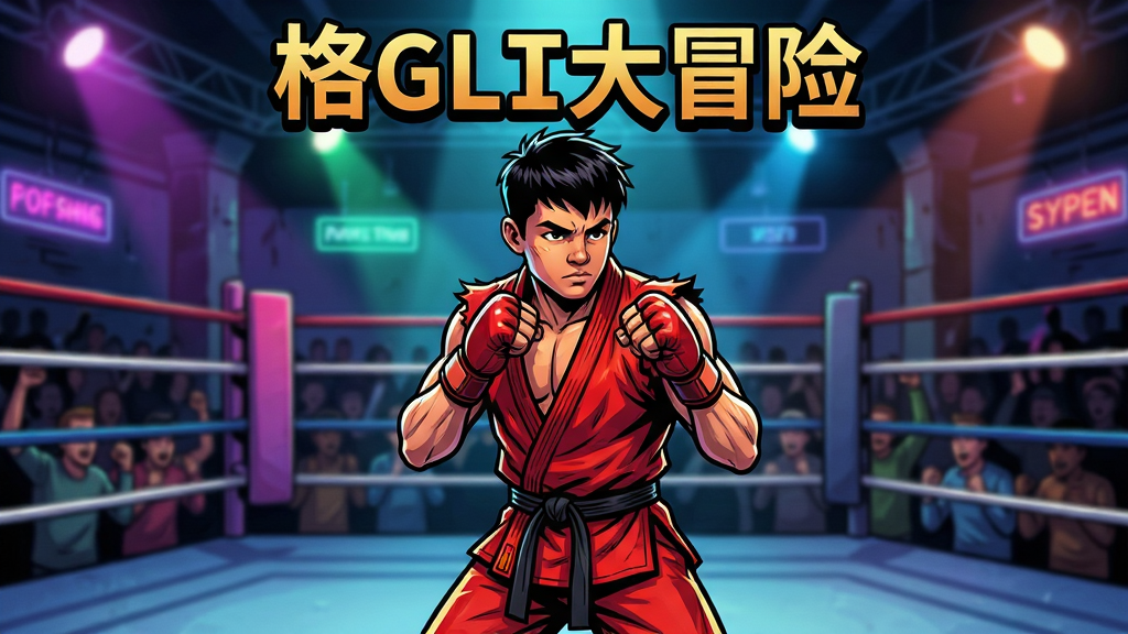 格斗大冒险游戏主界面展示,一名身穿红色格斗服的年轻拳手站在擂台中央摆出战斗姿态,背景为霓虹灯闪烁的地下拳场,四周观众席虚化处理,画面采用美式漫画描边风格,色彩对比强烈,光影层次分明,整体构图以人物为视觉中心,留出上方标题区域,干净利落无多余装饰,高清画质