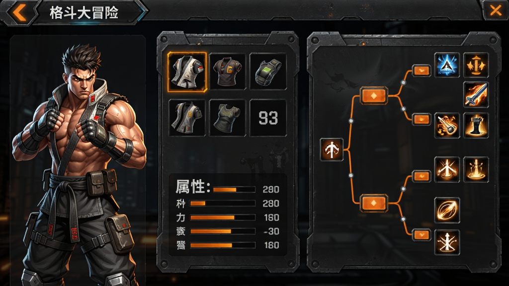 格斗大冒险角色养成界面,展示一名格斗角色的装备栏与技能树面板,界面左侧为角色立绘右侧为装备槽位与属性数值,技能树以分支形式展开,整体UI采用深色金属质感搭配橙色高亮,风格硬朗科技感,布局清晰分区明确,画质精细锐利,无多余装饰元素