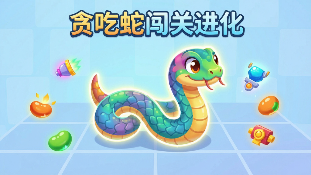 画面中央是一条色彩鲜亮的卡通小蛇在网格场景中蜿蜒前行,周围散布发光的能量豆与道具图标,背景为柔和的浅蓝渐变,主体突出、布局居中,风格为清爽扁平化游戏宣传插画,细节包含蛇身鳞片纹理与光晕效果,画质清晰干净,无多余元素,画面中可出现文字“贪吃蛇闯关进化”