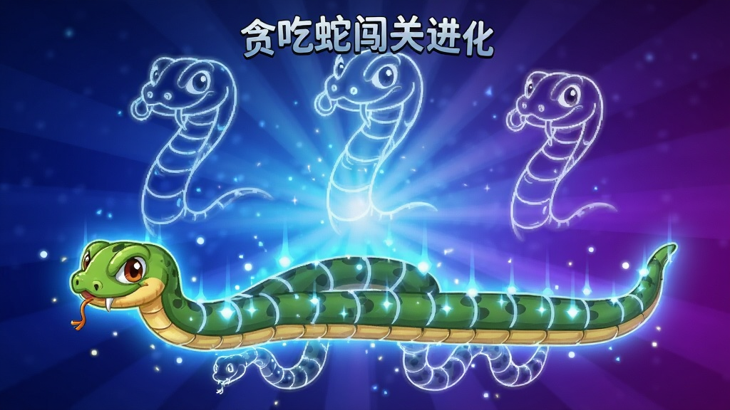 一条卡通蛇正处于进化光效之中,蛇身由短变长并浮现出三种不同形态的虚影,背景为深蓝到紫色的渐变能量场,布局以蛇为中心向四周放射光芒,风格为科技感游戏进化特效插画,细节包含粒子光点与形态轮廓线,画质清晰干净,无多余元素,画面中可出现文字“贪吃蛇闯关进化”