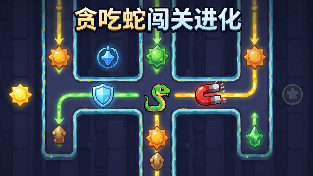 俯视视角的关卡地图中分布着加速、护盾、磁铁等发光道具图标,一条小蛇正在岔路口做出选择,布局为居中对称的关卡示意图,风格为明快卡通风游戏界面插画,细节包含路径线条与道具光效,画质清晰干净,无多余元素,画面中可出现文字“贪吃蛇闯关进化”