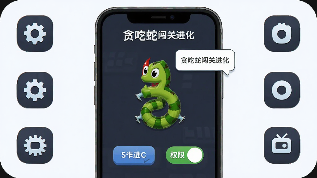 一部手机屏幕显示贪吃蛇闯关进化的关卡加载界面,旁边有设置齿轮与权限开关图标,布局为手机居中加周边功能图标环绕,风格为简洁数码产品示意插画,细节包含界面按钮与提示气泡,画质清晰干净,无多余元素,画面中可出现文字“贪吃蛇闯关进化”