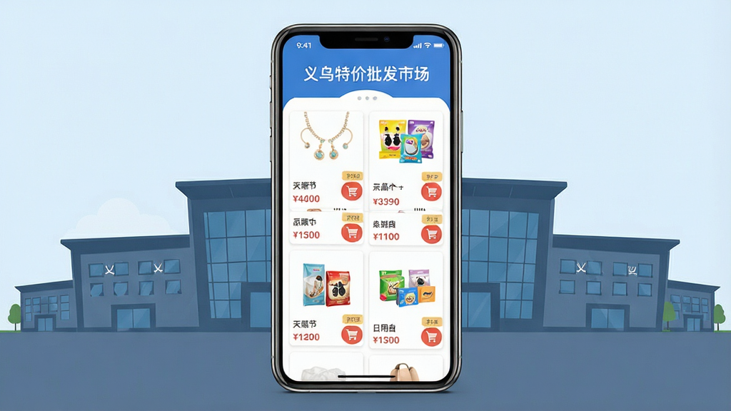 手机屏幕中央展示“义乌特价批发市场”应用界面,界面内排列着饰品、玩具、日用百货等商品分类卡片,背景为义乌商贸城建筑剪影,布局为居中对称式,风格为现代扁平化UI设计,细节包括商品缩略图、价格标签和购物车图标,画质清晰干净,无多余装饰元素