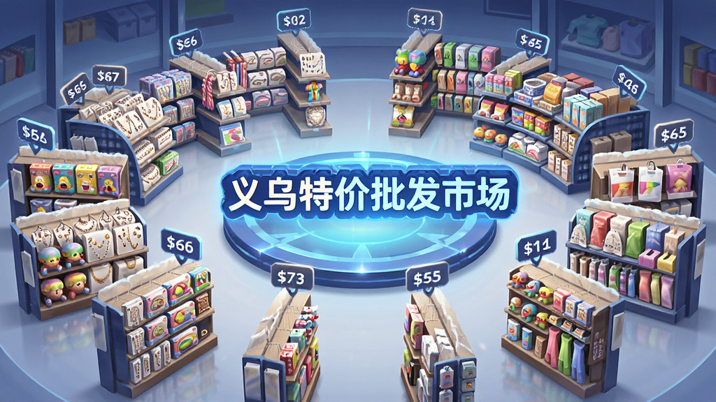 一个虚拟的义乌批发市场数字大厅,中央是发光的“义乌特价批发市场”字样,四周环绕着饰品、玩具、百货等商品货架,布局为环形放射状,风格为科技感与商业感结合的插画,细节包括悬浮的价格标签和档口编号,画质明亮干净,无多余元素