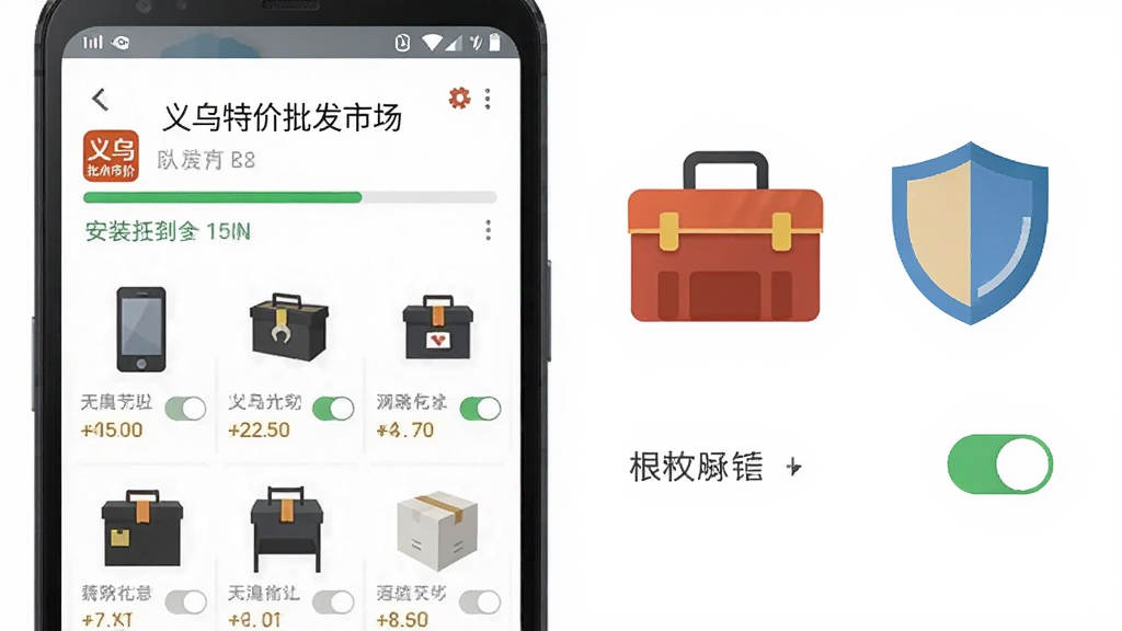一部安卓手机屏幕显示“义乌特价批发市场”应用的商品列表页面,旁边放置一个工具箱图标和盾牌图标,布局为左右对比式,风格为扁平化信息图,细节包括安装进度条和权限开关示意,画质清晰干净,无多余文字装饰