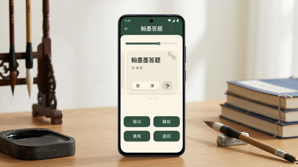 画面主体为一部竖屏安卓手机,屏幕中显示“翰墨答题”应用主界面,上方为答题进度条与题目卡片,下方为四个选项按钮,界面配色以米白与墨绿为主;手机放置在一张木质书桌上,旁边摆放毛笔、砚台与一叠书册,背景为浅色墙面与柔和自然光;整体采用清新写实的产品展示风格,构图居中,细节清晰,画质干净明亮,无多余装饰元素