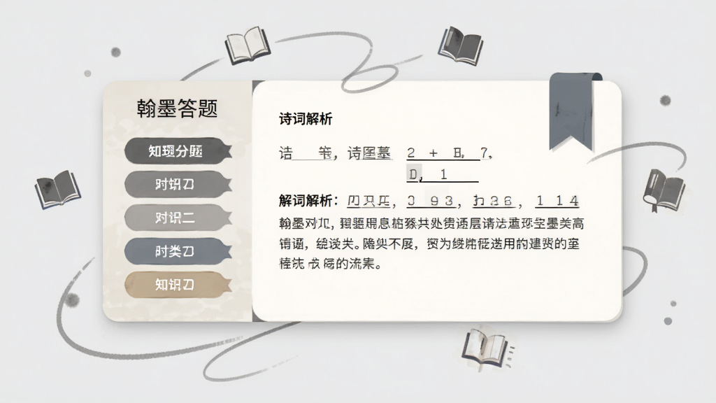 画面主体为一张横向展开的知识卡片界面,左侧列出“翰墨答题”的题目分类标签,右侧展示一道诗词填空题及解析文字,卡片边缘带有书签样式;卡片悬浮在浅灰色背景之上,周围点缀淡墨色线条与小型书本图标;整体采用扁平化信息图风格,排版规整,文字清晰,画质干净,无杂乱元素