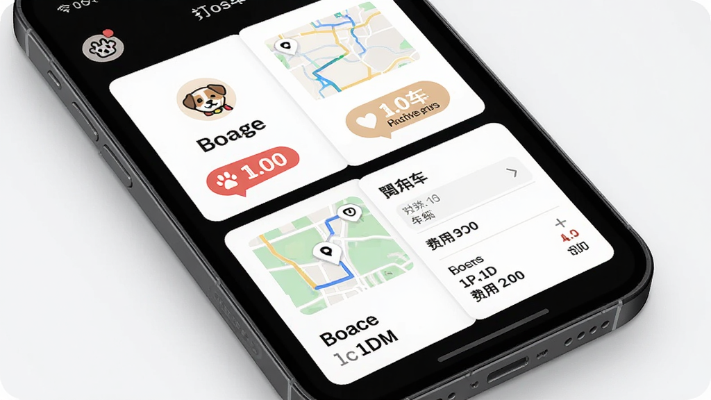 宠嗒嗒宠物搭车app订单选择界面,主体为手机屏幕显示拼车与包车两种方案对比卡片,布局为上下排列的功能卡片,排版突出价格与时效标签,风格为清爽扁平化ui风,细节包括宠物头像图标、路线地图缩略图、费用明细栏,画质高清,画面干净,无多余元素