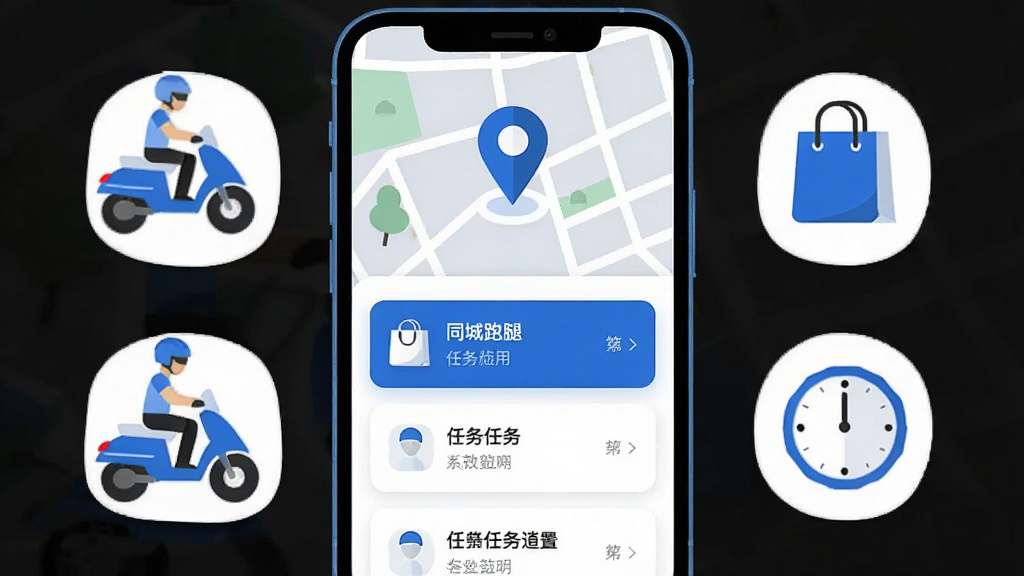 手机屏幕中央展示同城跑腿应用界面,上方地图定位标记,下方任务卡片列表,周围环绕骑手、购物袋、时钟图标,蓝白配色,扁平化风格,布局清晰居中,画质干净,无多余元素