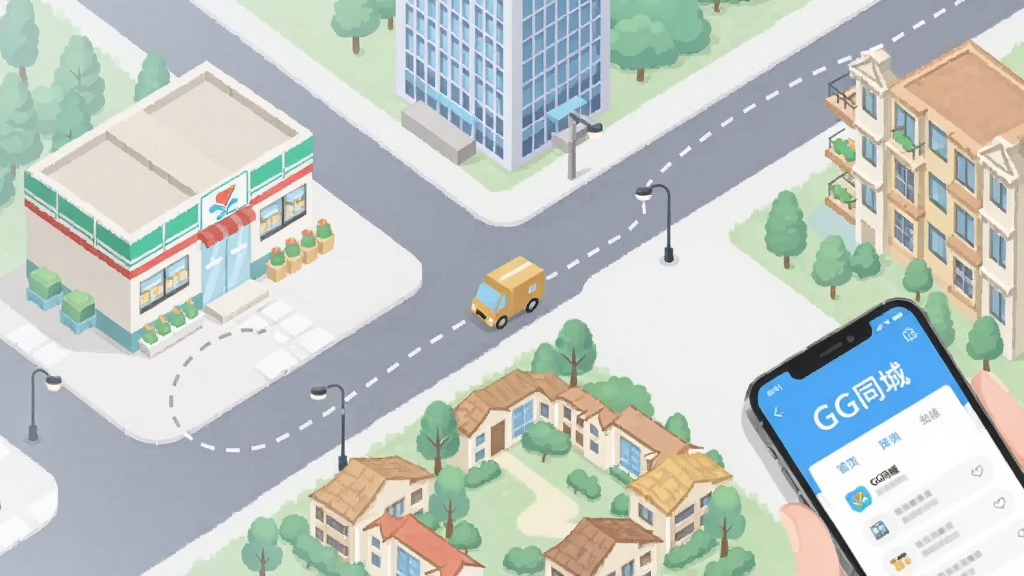 城市生活场景俯视图,包含便利店、写字楼、住宅小区,中间以虚线连接表示同城配送路线,画面一角放置手机展示“GG同城”界面,插画风格,色彩柔和,布局均衡,画质干净