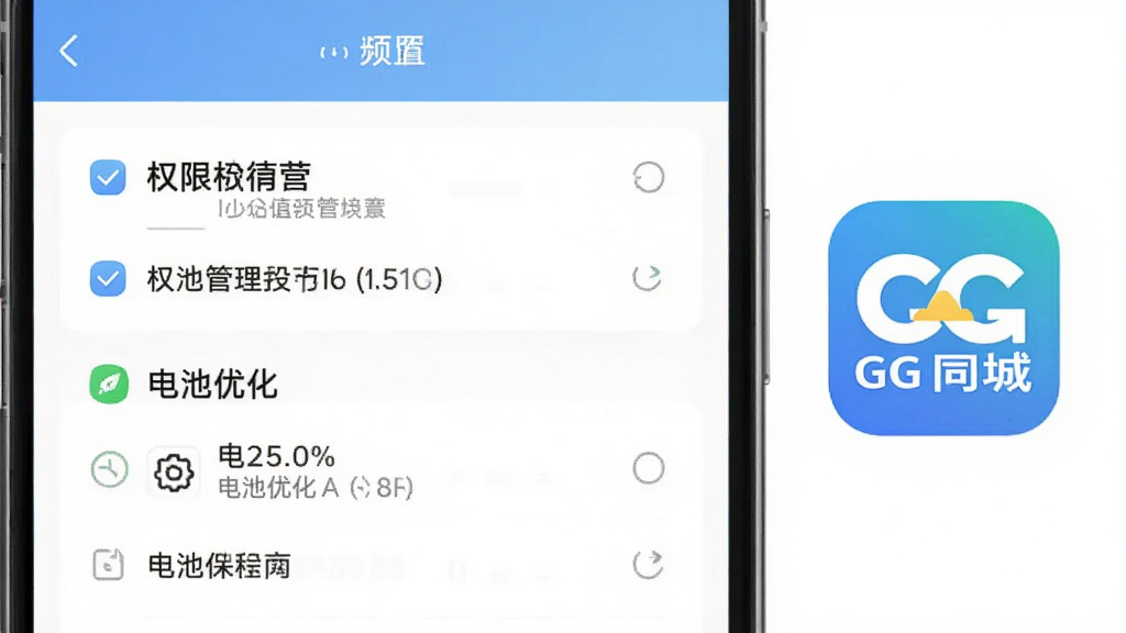 手机安全设置界面示意图,展示权限管理与电池优化选项,旁边放置“GG同城”应用图标,界面以清单形式排列,简洁实用风格,配色清淡,画质干净