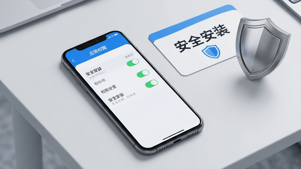 画面为一部手机平放在浅灰色桌面上,屏幕显示应用权限设置页面,旁边放置一张写有“安全安装”字样的提示卡片与一个盾牌图标;布局上手机居中,卡片与盾牌位于手机右上方;风格为简洁的安全提示风,配色以蓝白为主;细节上强调权限开关的清晰状态与盾牌的金属质感;画质干净,无多余元素