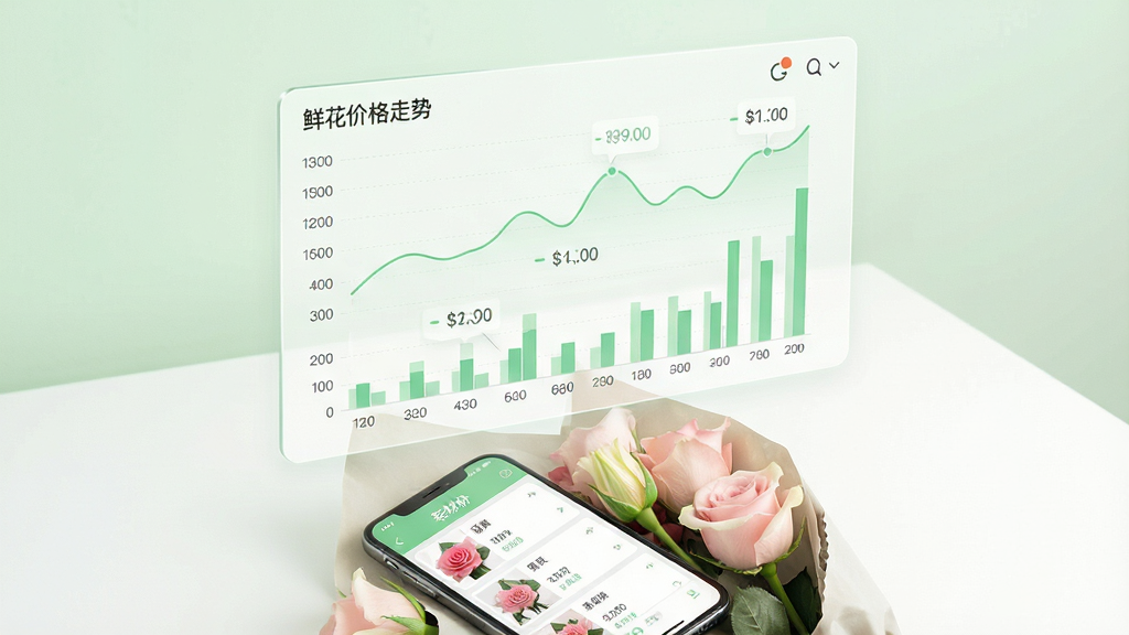 画面主体为一块悬浮在半空中的半透明数据面板,面板上以折线图和柱状图展示鲜花价格走势,图表旁标注玫瑰、百合等花材名称与价格数字;面板下方是手机与一束鲜花的组合,手机屏幕显示花材列表页;布局上数据面板居中偏上,手机与花束位于下方,形成上下呼应;风格为简洁的科技数据可视化风,配色以浅绿与白色为主;细节上强调图表的清晰刻度与花瓣的柔和质感;画质干净,无多余元素