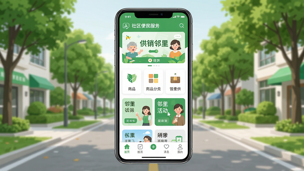 手机屏幕居中展示“供销邻里”应用主界面,上方为社区便民服务横幅,中部为商品分类与邻里活动卡片,下方为导航栏,背景是整洁的社区街道与绿树,整体采用清新绿色与白色搭配的扁平化UI风格,画面干净明亮,画质清晰细腻,无多余装饰元素