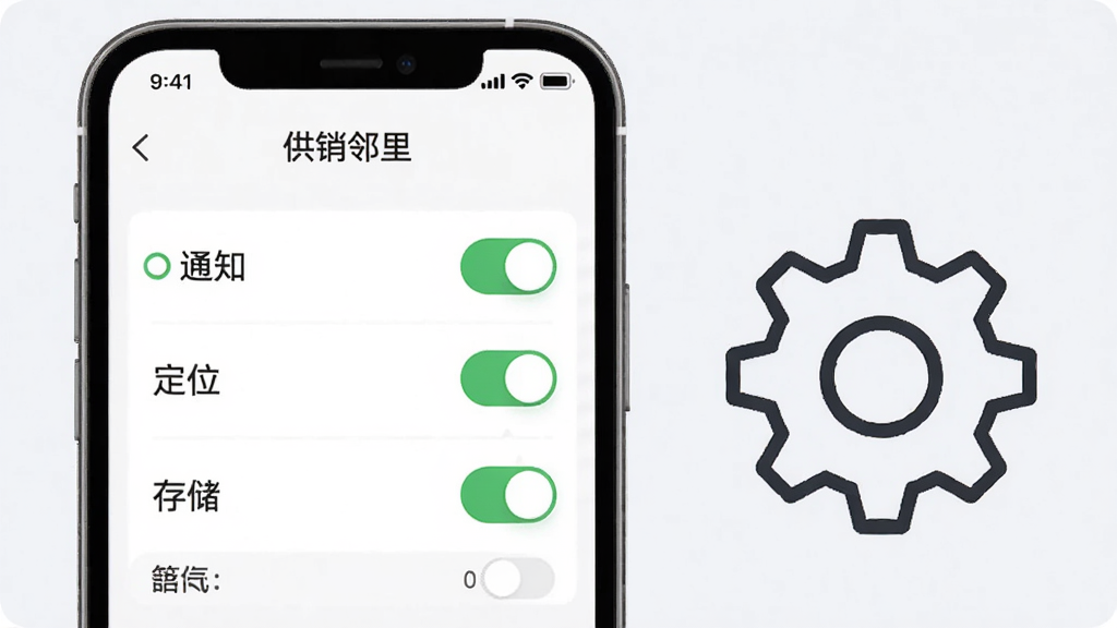 “供销邻里”应用设置与权限管理界面示意图,画面展示通知、定位、存储等权限开关列表,手机旁放置一个简洁的齿轮图标,背景为浅灰白色,风格简约商务,细节清晰,画质干净,无多余元素