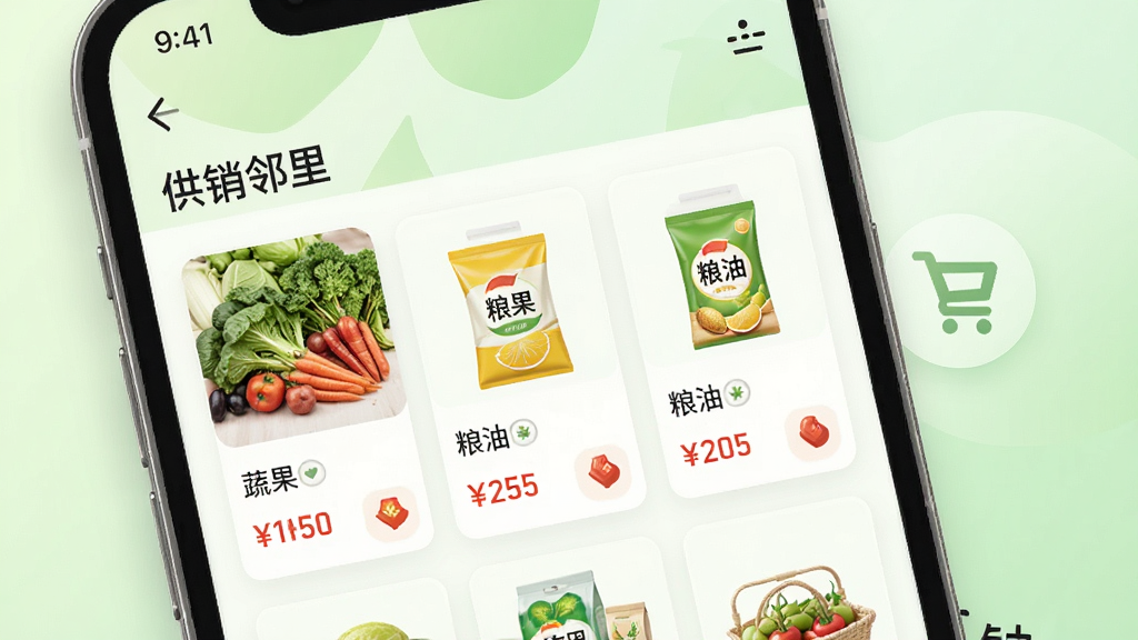 应用界面特写,画面中央是“供销邻里”商品列表页,展示蔬果、粮油等分类卡片与价格标签,右侧有购物车图标,背景为浅绿色渐变,风格简洁清新,细节清晰,画质干净,无杂乱元素