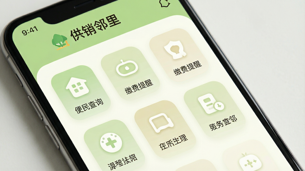 手机界面展示“供销邻里”生活服务聚合页,多个圆角图标整齐排列,包含便民查询、缴费提醒等入口,配色以浅绿和米白为主,布局疏朗,风格清爽,画质细腻,画面干净无冗余