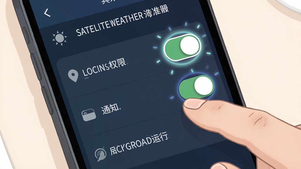 画面主体为一部手机屏幕显示卫星天气准点报的设置页面,页面中包含定位权限开关、通知开关与后台运行选项;手机旁有一只手正指向屏幕上的开关按钮;布局为近景特写构图,风格为实用教程插图风;细节上开关按钮带有高亮光圈,界面文字清晰,画质干净明亮,背景为柔和浅色,无多余装饰