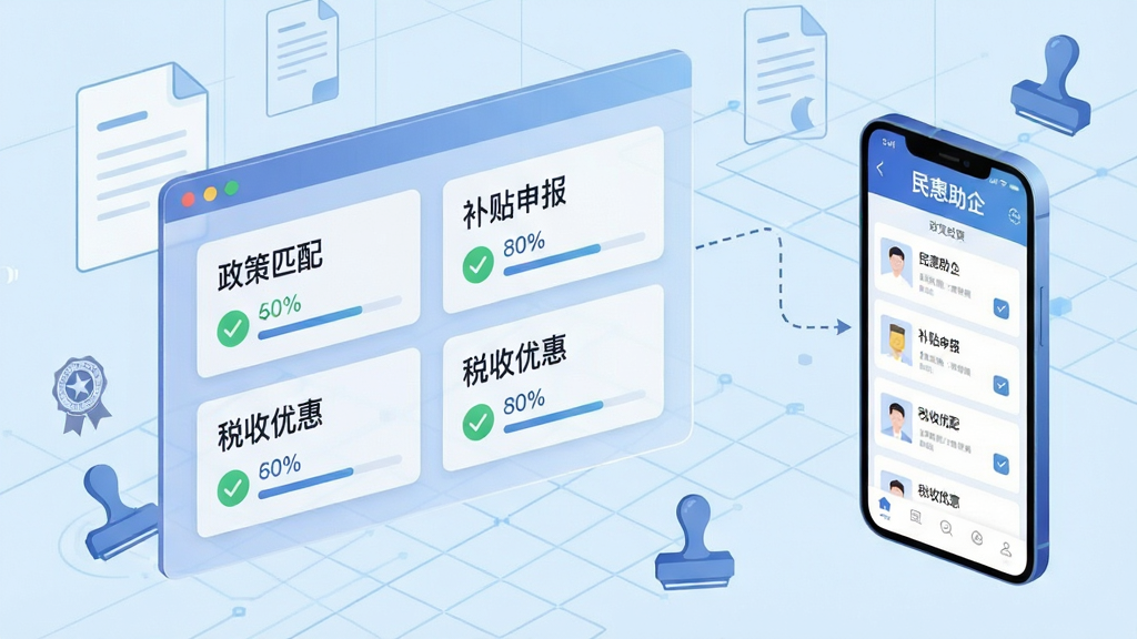 画面主体为一块悬浮的半透明数据面板,面板上以卡片形式排列“政策匹配”“补贴申报”“税收优惠”等条目,每张卡片带有对勾与百分比进度标识;面板右侧伸出一条虚线连接至一部手机屏幕,屏幕中显示“民惠助企”政策列表页;背景为淡蓝色科技网格,点缀少量文件与印章图形;风格为商务科技插画,布局左右呼应,细节简洁,画质清晰,无杂乱元素