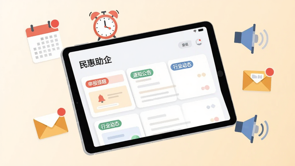 画面主体为一部横放的平板设备,屏幕内展示“民惠助企”资讯列表页,页面中卡片带有“申报提醒”“通知公告”“行业动态”标签;平板周围漂浮日历、闹钟、信封与喇叭等扁平图标,部分图标带有红色提醒圆点;背景为浅米色渐变,风格为清新扁平插画,布局居中偏右,细节简洁,画质清晰,无多余装饰