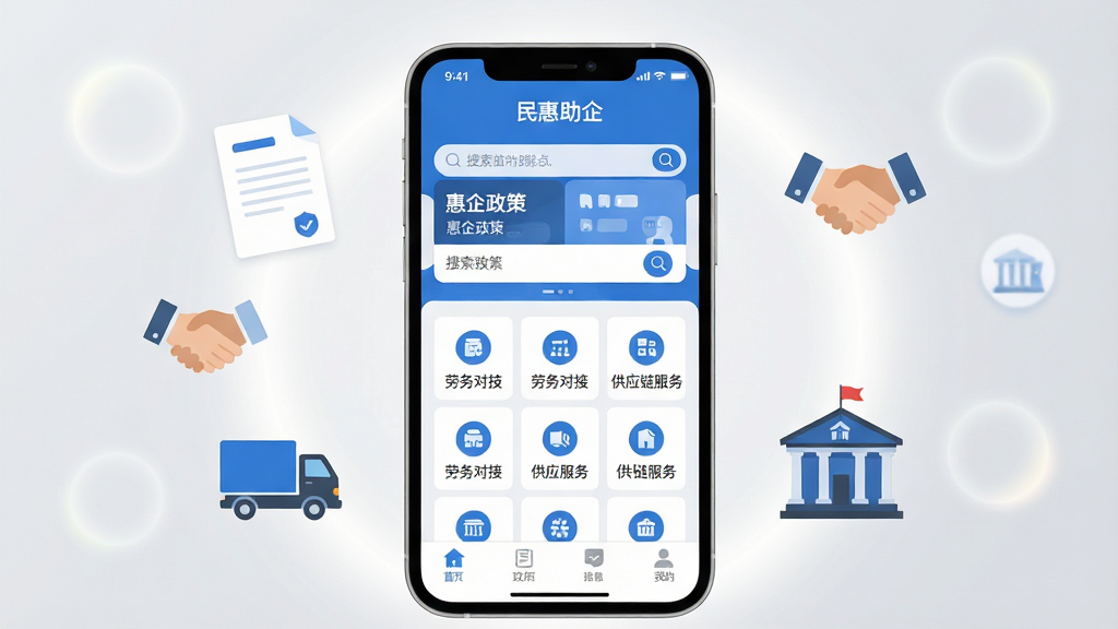 画面中央放置一部竖屏智能手机,屏幕内展示“民惠助企”应用首页界面,上方是惠企政策卡片与搜索框,中部为劳务对接与供应链服务图标网格,底部为导航栏;手机两侧漂浮政策文件、握手合作、货车物流、政务大厅等扁平化小图标;整体采用蓝白商务配色,背景为浅灰渐变并带有柔和光晕;风格为现代扁平化UI插画,细节干净利落,画质清晰,构图居中,无多余装饰元素