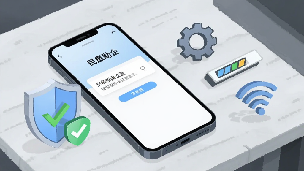 画面主体为一部手机斜放在桌面上,屏幕显示“民惠助企”安装权限设置页面,旁边放置一个打开的盾牌图标与绿色对勾标识;手机右侧漂浮齿轮、存储空间条与WiFi信号图标;背景为浅灰桌面纹理,风格为简洁说明性插画,布局左重右轻,细节清晰,画质干净,无多余文字