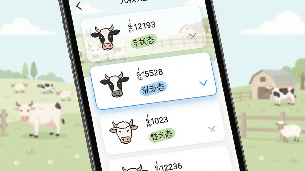元牧通应用内牲畜档案列表页面,画面为手机屏幕特写,屏幕中排列着带有耳标编号的牲畜信息卡片,每张卡片配有简笔牛羊头像与状态标签,背景为浅色牧场插画,布局为上下滚动式列表构图,风格为现代简约UI展示图,细节上体现卡片层次与选中高亮效果,画质清晰干净,无多余元素