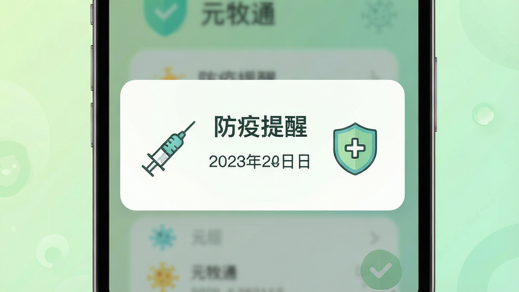 元牧通防疫提醒功能界面,画面为手机屏幕中弹出日程提醒卡片,卡片上写有“防疫提醒”字样与日期信息,旁边配有注射器与盾牌简笔图标,背景为柔和渐变浅绿色,布局为居中突出提醒卡片,风格为清新扁平化插画,细节上强调提醒图标与文字层级,画质清晰干净,无多余元素