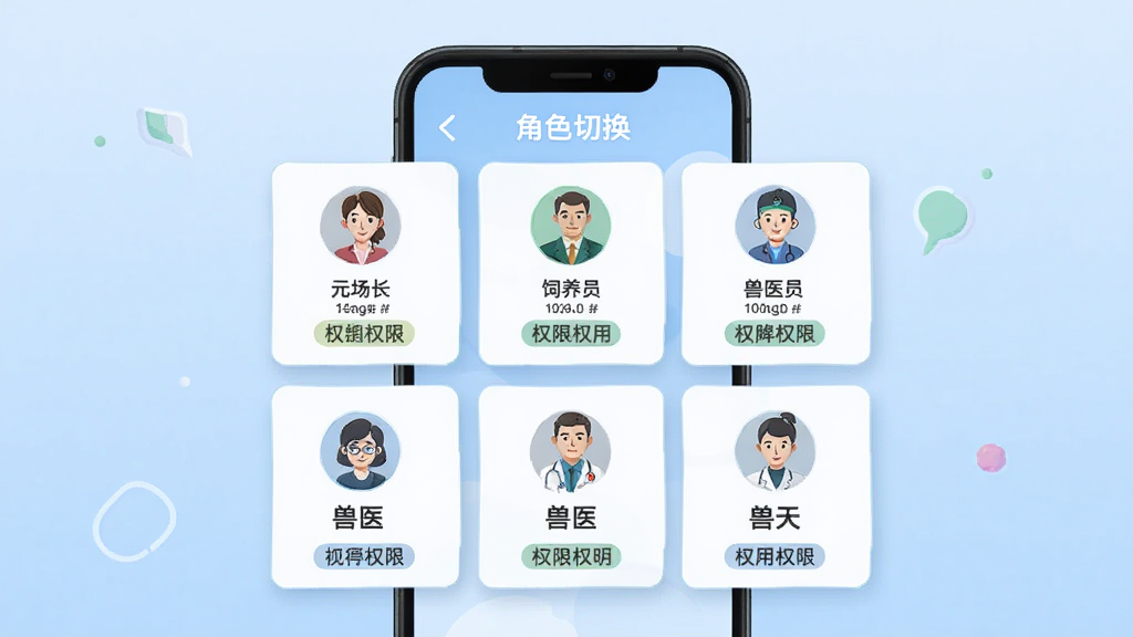 元牧通多角色管理界面,画面为手机屏幕展示角色切换面板,面板中列出场长、饲养员、兽医等角色图标与权限说明,背景为淡蓝色渐变,布局为居中角色卡片排列,风格为简洁商务插画,细节上突出角色图标与权限标签,画质清晰干净,无多余元素