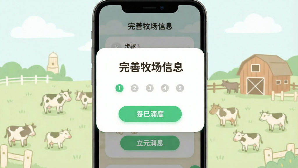 元牧通新手操作引导页面,画面为手机屏幕显示分步引导浮层,浮层中写有“完善牧场信息”字样与步骤序号,背景为浅色牧场场景简笔插画,布局为居中引导卡片叠加,风格为友好清新插画风,细节上体现步骤圆点与按钮高亮,画质清晰干净,无多余元素