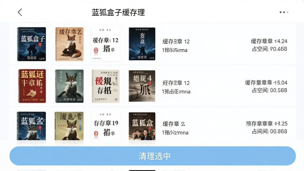 手机界面展示“蓝狐盒子”的缓存管理页面,列表中有多本以封面缩略图展示的书籍,每项右侧标注缓存章节数与占用空间大小,底部有“清理选中”按钮,界面以白色和浅蓝色为主,布局清晰,风格简约实用,画质干净,无多余元素