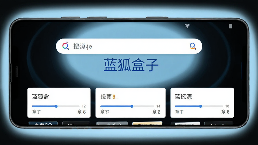 一部安卓手机横屏展示搜索界面,屏幕中央是搜索框和“蓝狐盒子”字样,搜索框下方排列着多个书源卡片,每张卡片带有进度条和章节数标签,背景有淡蓝色光晕,整体排版整齐,风格清爽科技感,画质干净,无多余元素