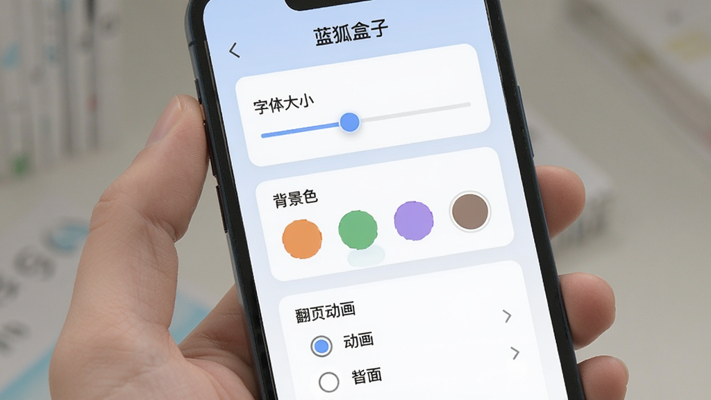 手机屏幕展示“蓝狐盒子”阅读设置面板,面板上有字体大小滑块、背景色选择色块、翻页动画选项列表,界面以卡片形式纵向排列,配色柔和,风格清晰直观,画质干净,无多余元素