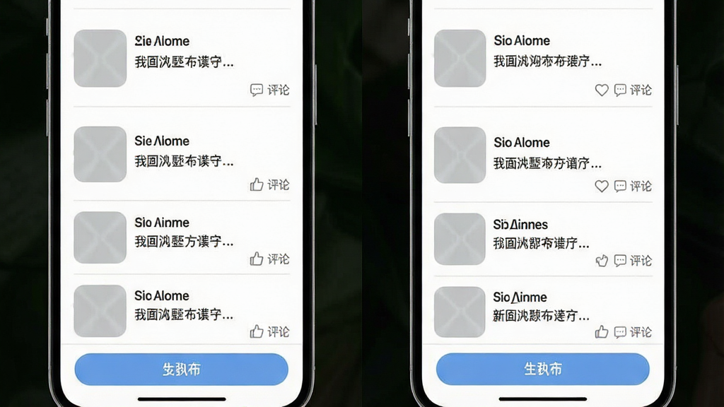 一张社交动态广场界面示意图,画面主体为手机屏幕内的信息流列表,每条动态包含方形图片占位框、两行文字说明与点赞评论图标,布局为纵向滚动列表,风格为清新浅色UI设计,细节包括圆角图片、灰色分割线、底部发布按钮,画质清晰,画面干净,无多余元素