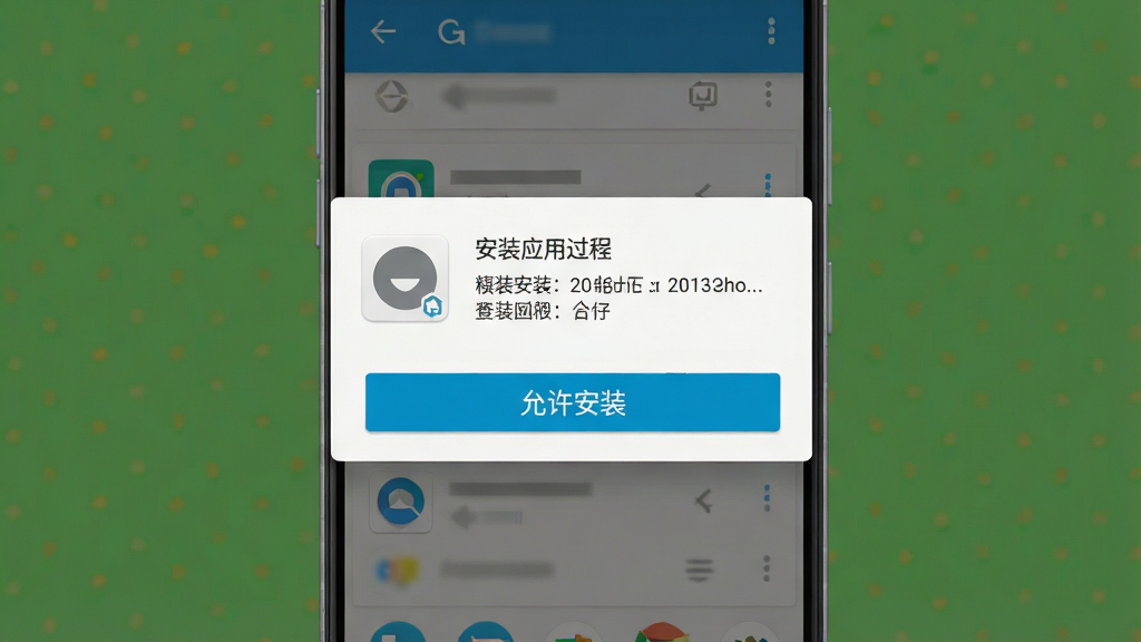 一张安卓手机安装应用过程的示意图,画面主体为手机屏幕弹出权限确认对话框,布局为居中弹窗样式,风格为系统UI写实风,细节包括「允许安装」按钮、应用图标占位框、权限列表文字行,画质清晰,画面干净,无多余元素