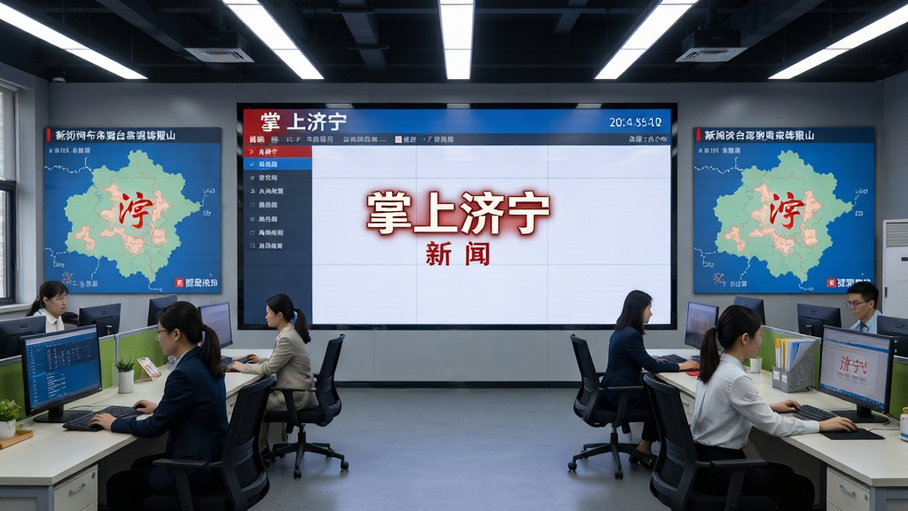 新闻编辑室场景,画面中央是一块显示“掌上济宁”新闻发布后台的大屏幕,周围有编辑人员工位与济宁城市地图元素,布局为左右对称,风格写实商务,细节包含新闻标题栏与时间戳,画质清晰、干净、无多余元素
